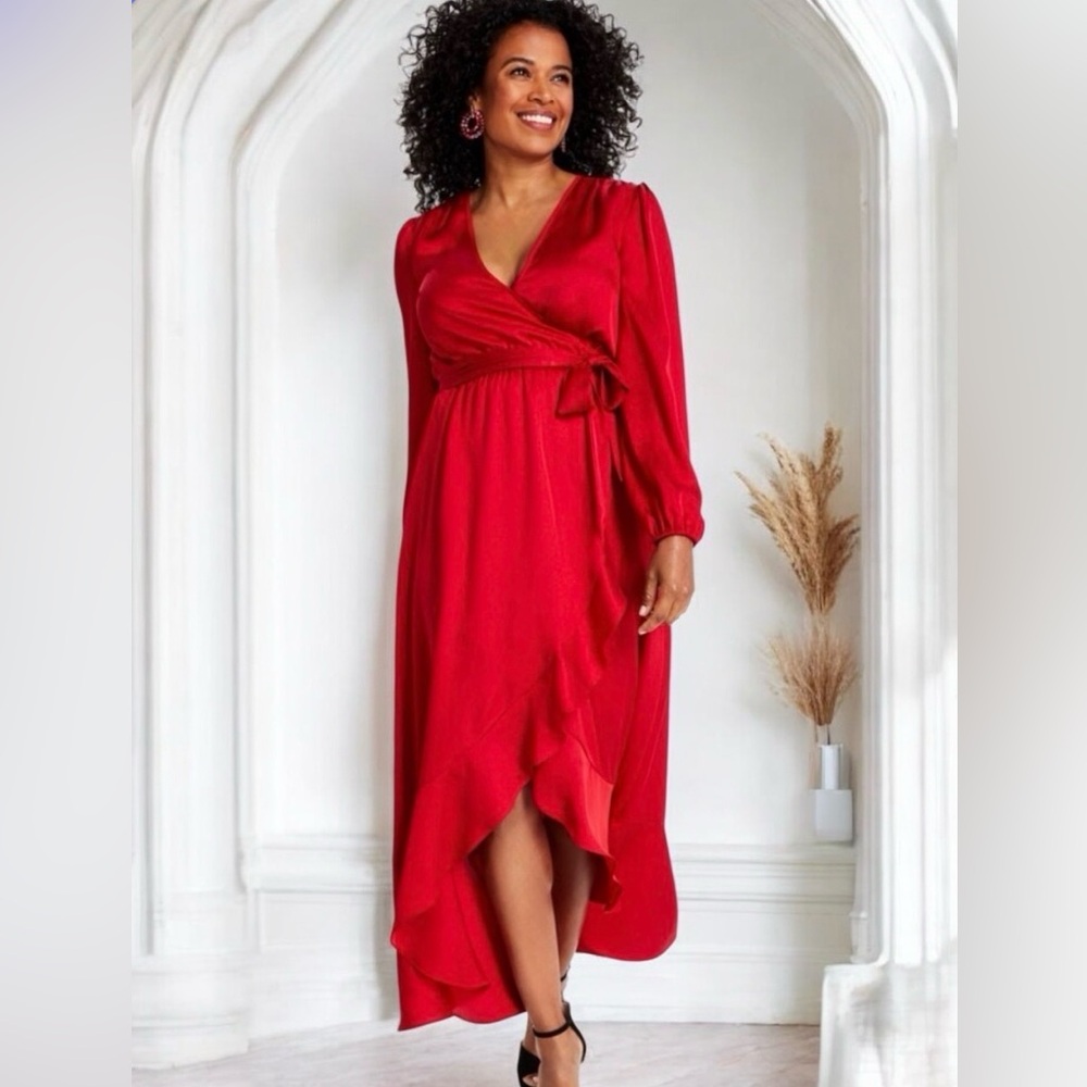 ✨INC International Concepts Cranberry Red Surplice Ruffle Hem Maxi Dress M🌹✨